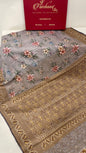 Faishana Pure Handloom Grey Chiffon Floral Digital Print Boota with Paisley Copper Zari Border and Grey Blouse