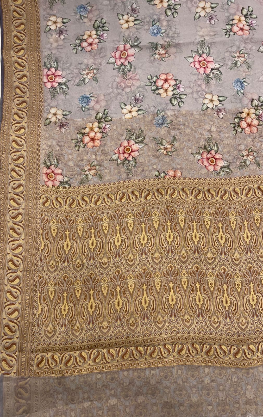 Faishana Pure Handloom Grey Chiffon Floral Digital Print Boota with Paisley Copper Zari Border and Grey Blouse