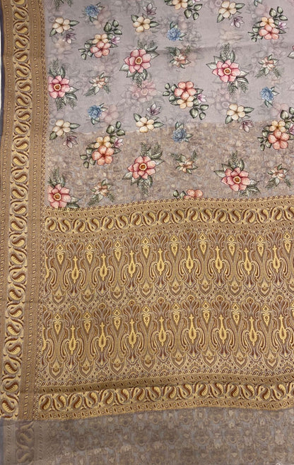 Faishana Pure Handloom Grey Chiffon Floral Digital Print Boota with Paisley Copper Zari Border and Grey Blouse