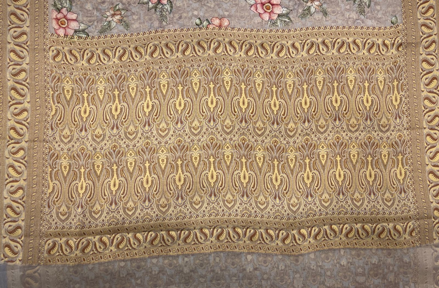 Faishana Pure Handloom Grey Chiffon Floral Digital Print Boota with Paisley Copper Zari Border and Grey Blouse