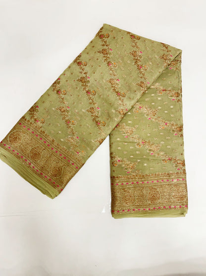 Faishana Pure Handloom Olive Chiffon Floral Copper Zari Mina Stripe Jaal with Paisley Mina Zari Border and Olive Blouse