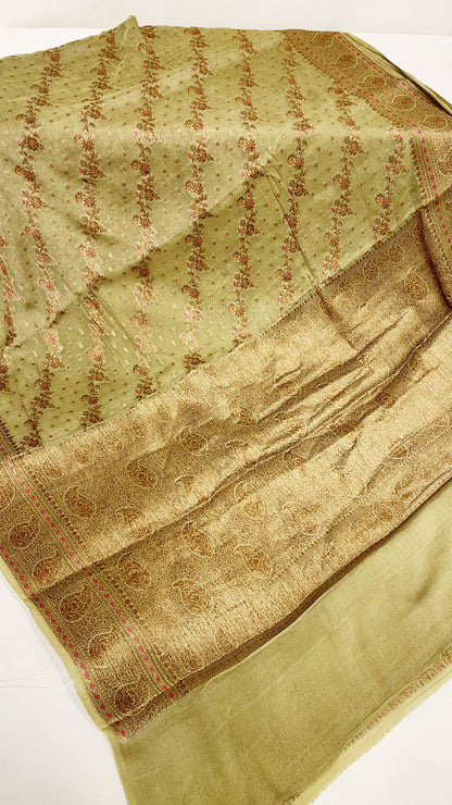 Faishana Pure Handloom Olive Chiffon Floral Copper Zari Mina Stripe Jaal with Paisley Mina Zari Border and Olive Blouse