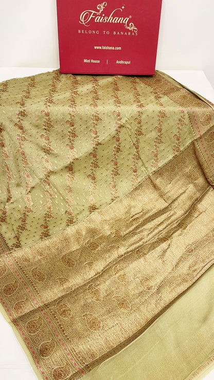Faishana Pure Handloom Olive Chiffon Floral Copper Zari Mina Stripe Jaal with Paisley Mina Zari Border and Olive Blouse