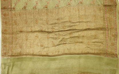 Faishana Pure Handloom Olive Chiffon Floral Copper Zari Mina Stripe Jaal with Paisley Mina Zari Border and Olive Blouse