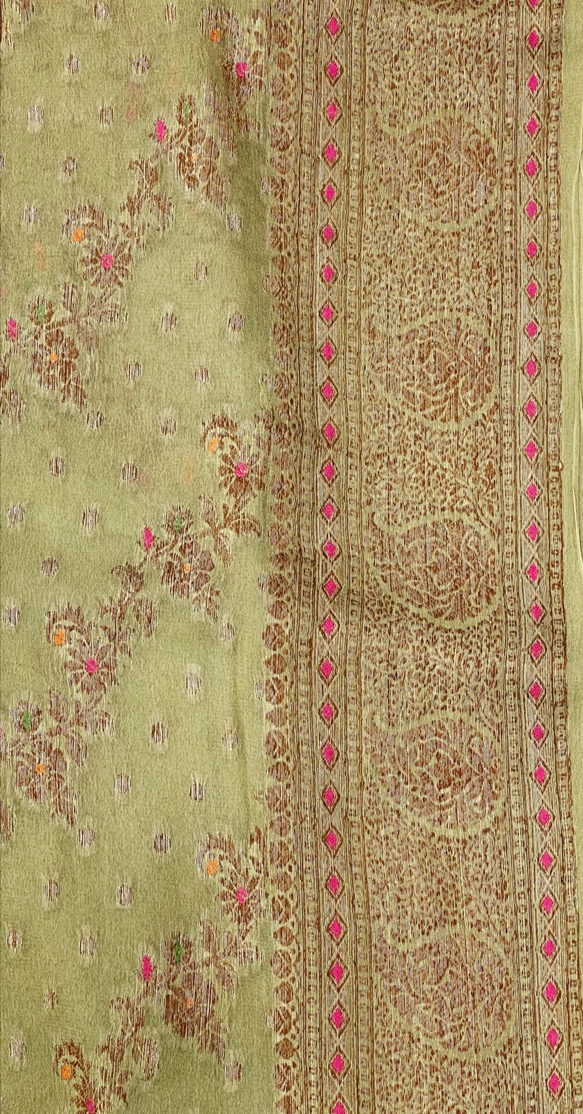 Faishana Pure Handloom Olive Chiffon Floral Copper Zari Mina Stripe Jaal with Paisley Mina Zari Border and Olive Blouse
