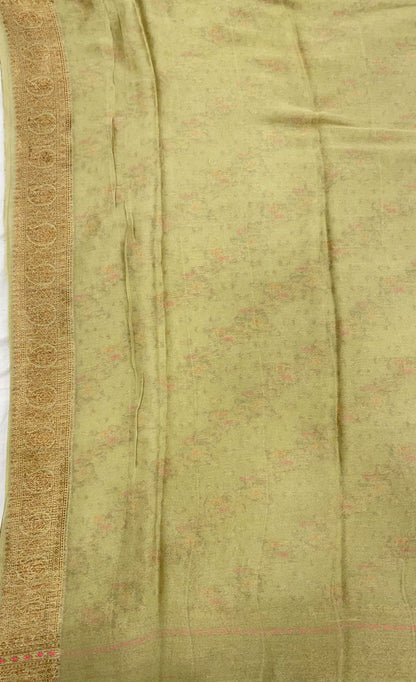 Faishana Pure Handloom Olive Chiffon Floral Copper Zari Mina Stripe Jaal with Paisley Mina Zari Border and Olive Blouse