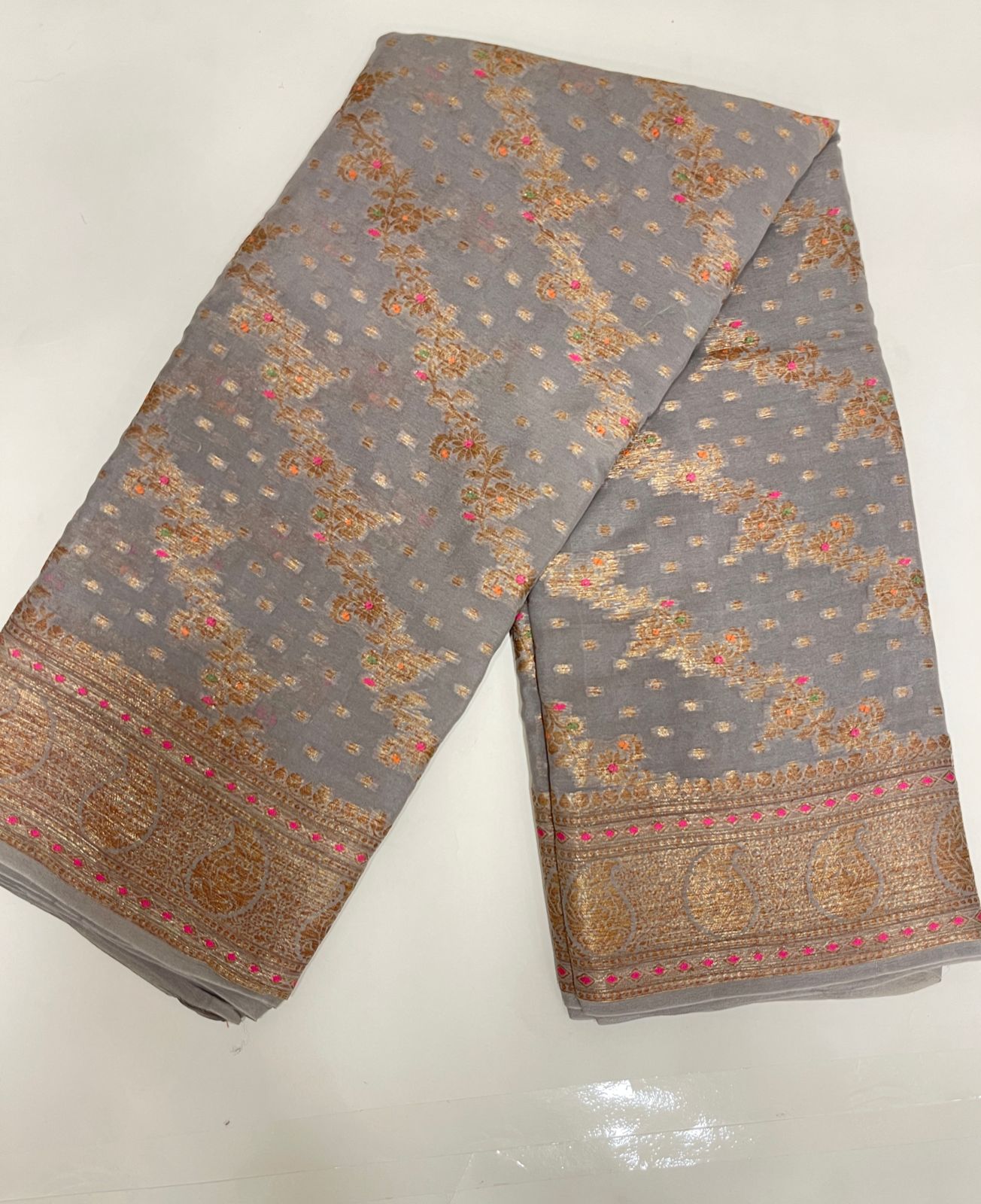 Faishana Pure Handloom Grey Chiffon Floral Copper Zari Mina Stripe Jaal with Paisley Mina Zari Border and Grey Blouse