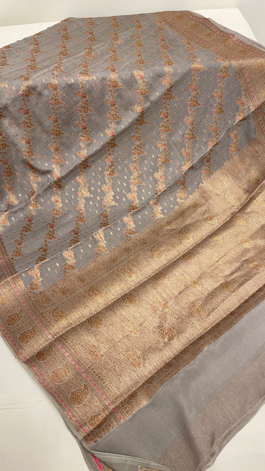 Faishana Pure Handloom Grey Chiffon Floral Copper Zari Mina Stripe Jaal with Paisley Mina Zari Border and Grey Blouse