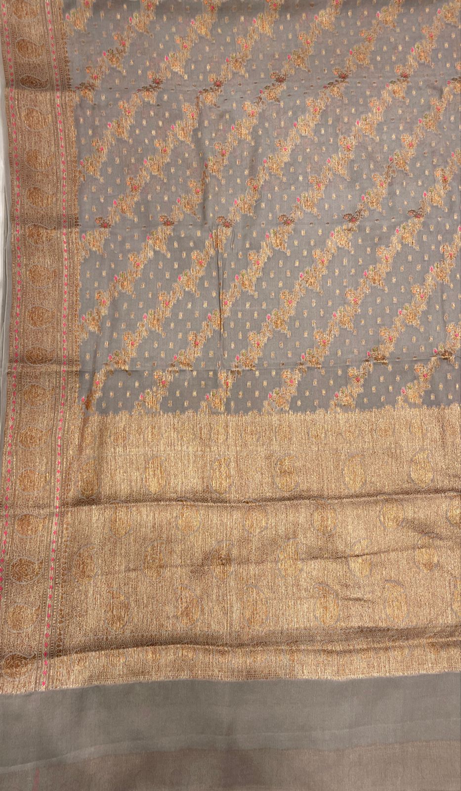 Faishana Pure Handloom Grey Chiffon Floral Copper Zari Mina Stripe Jaal with Paisley Mina Zari Border and Grey Blouse