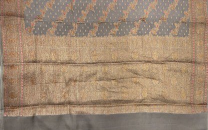 Faishana Pure Handloom Grey Chiffon Floral Copper Zari Mina Stripe Jaal with Paisley Mina Zari Border and Grey Blouse
