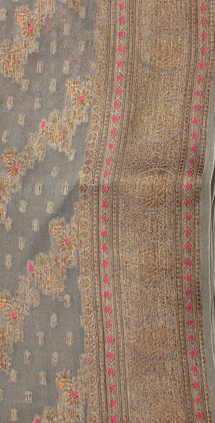 Faishana Pure Handloom Grey Chiffon Floral Copper Zari Mina Stripe Jaal with Paisley Mina Zari Border and Grey Blouse