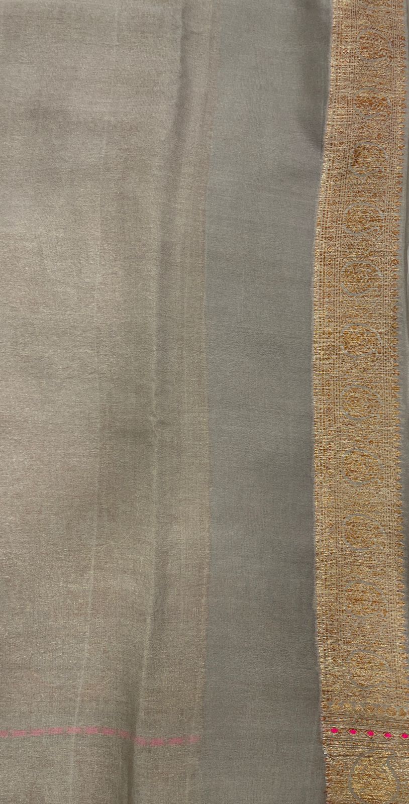 Faishana Pure Handloom Grey Chiffon Floral Copper Zari Mina Stripe Jaal with Paisley Mina Zari Border and Grey Blouse
