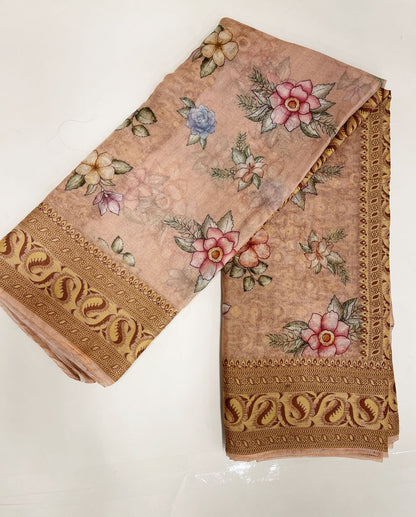 Faishana Pure Handloom Peach Chiffon Floral Digital Print Boota with Paisley Copper Zari Border and Peach Blouse