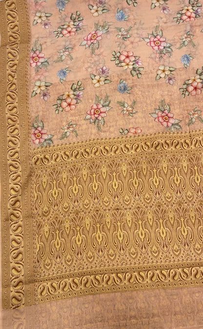 Faishana Pure Handloom Peach Chiffon Floral Digital Print Boota with Paisley Copper Zari Border and Peach Blouse