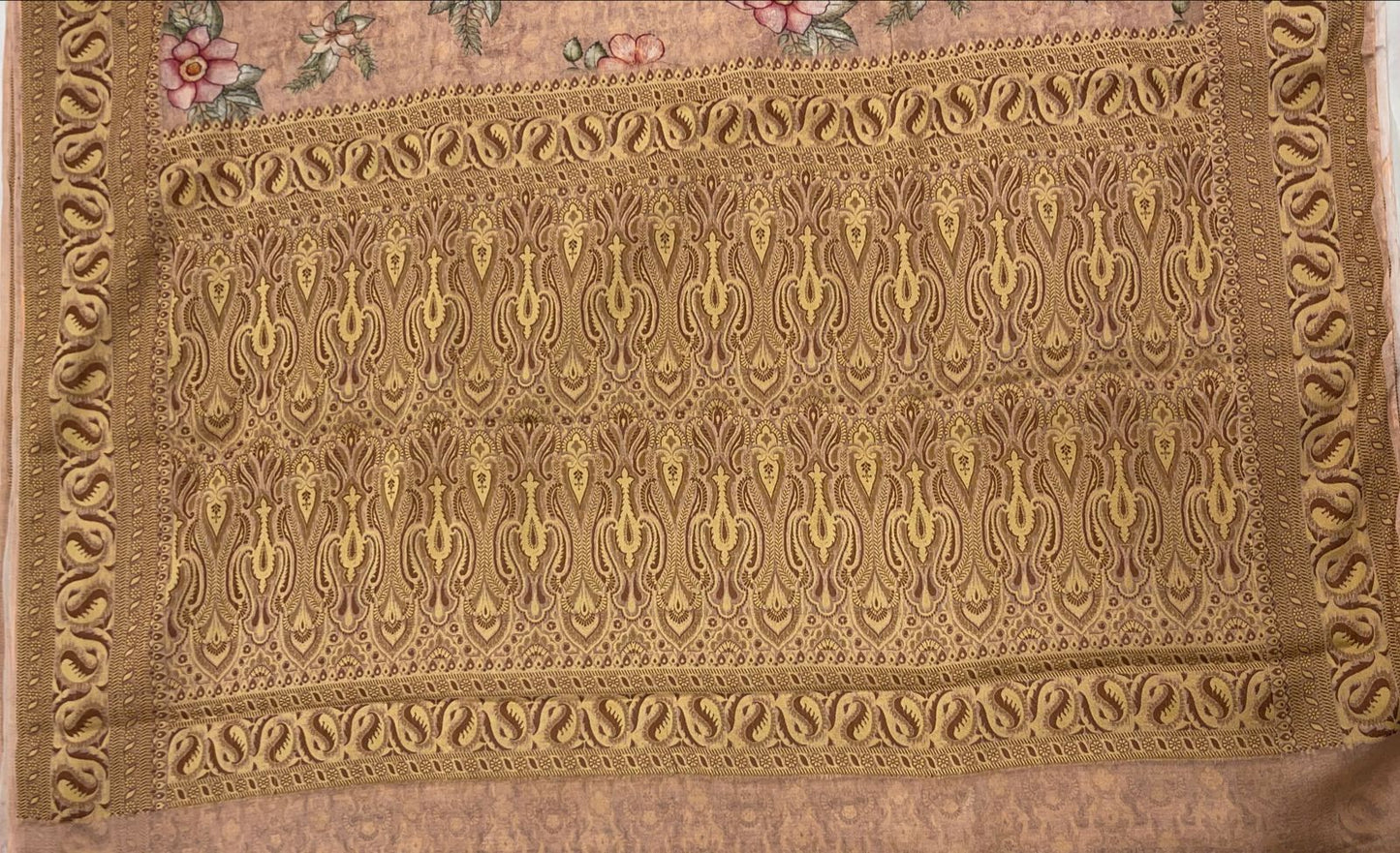Faishana Pure Handloom Peach Chiffon Floral Digital Print Boota with Paisley Copper Zari Border and Peach Blouse