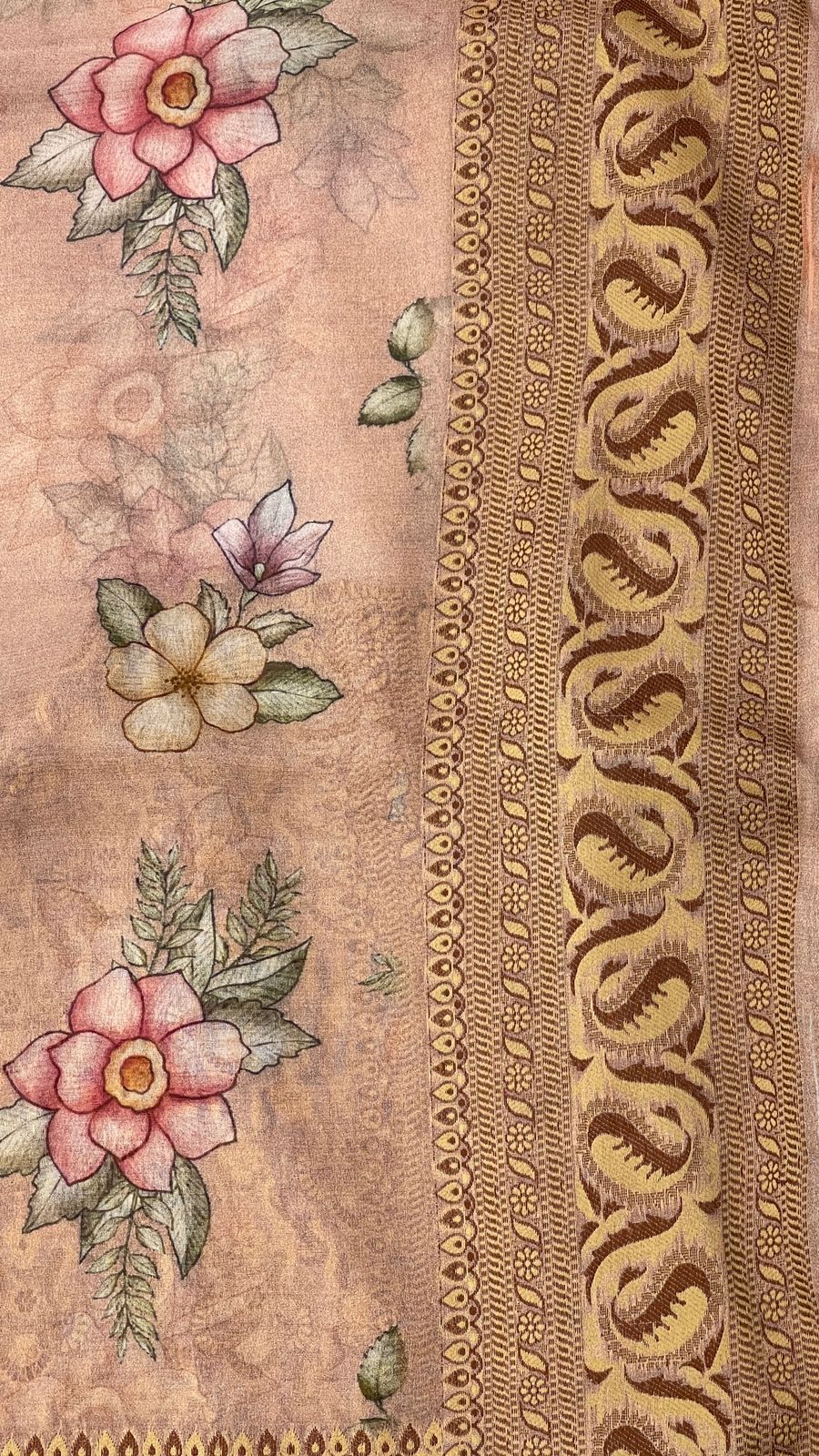 Faishana Pure Handloom Peach Chiffon Floral Digital Print Boota with Paisley Copper Zari Border and Peach Blouse