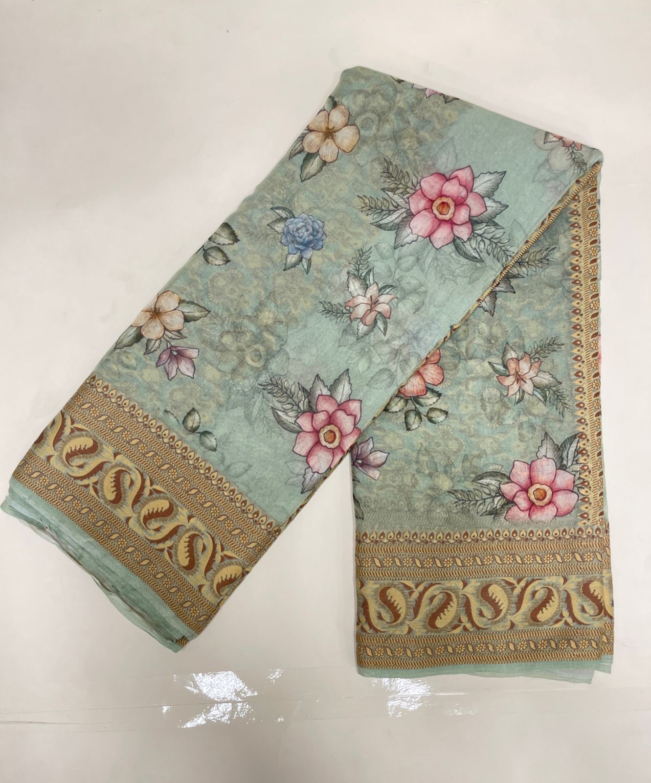 Faishana Pure Handloom Pistachio Chiffon Floral Digital Print Boota with Paisley Copper Zari Border and Pistachio Blouse