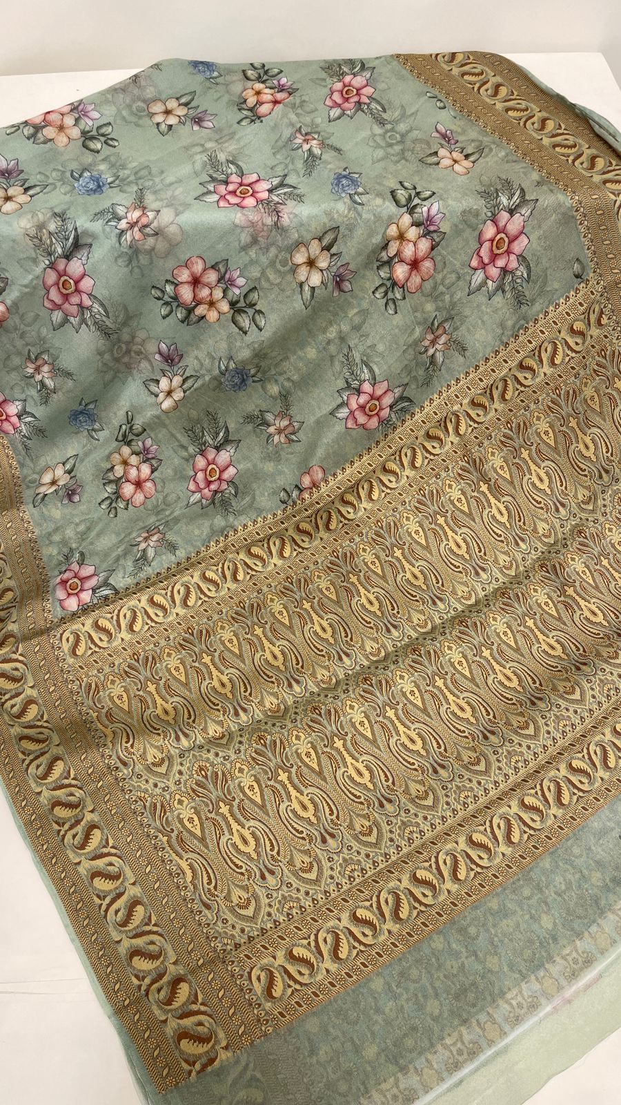 Faishana Pure Handloom Pistachio Chiffon Floral Digital Print Boota with Paisley Copper Zari Border and Pistachio Blouse