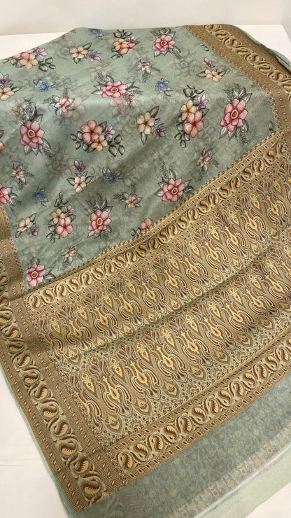 Faishana Pure Handloom Pistachio Chiffon Floral Digital Print Boota with Paisley Copper Zari Border and Pistachio Blouse