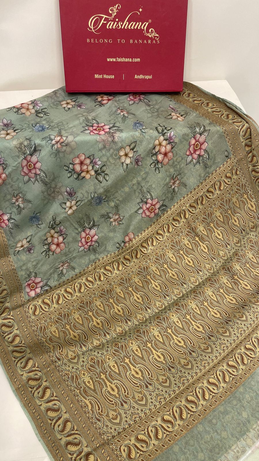 Faishana Pure Handloom Pistachio Chiffon Floral Digital Print Boota with Paisley Copper Zari Border and Pistachio Blouse