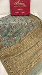 Faishana Pure Handloom Pistachio Chiffon Floral Digital Print Boota with Paisley Copper Zari Border and Pistachio Blouse