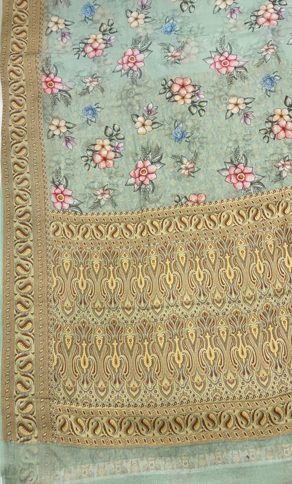 Faishana Pure Handloom Pistachio Chiffon Floral Digital Print Boota with Paisley Copper Zari Border and Pistachio Blouse