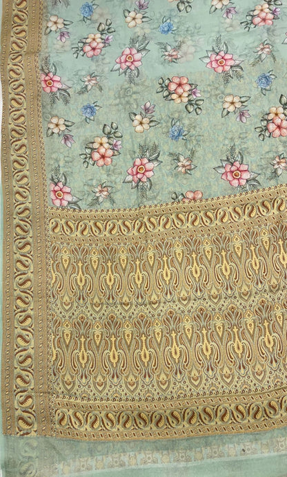 Faishana Pure Handloom Pistachio Chiffon Floral Digital Print Boota with Paisley Copper Zari Border and Pistachio Blouse