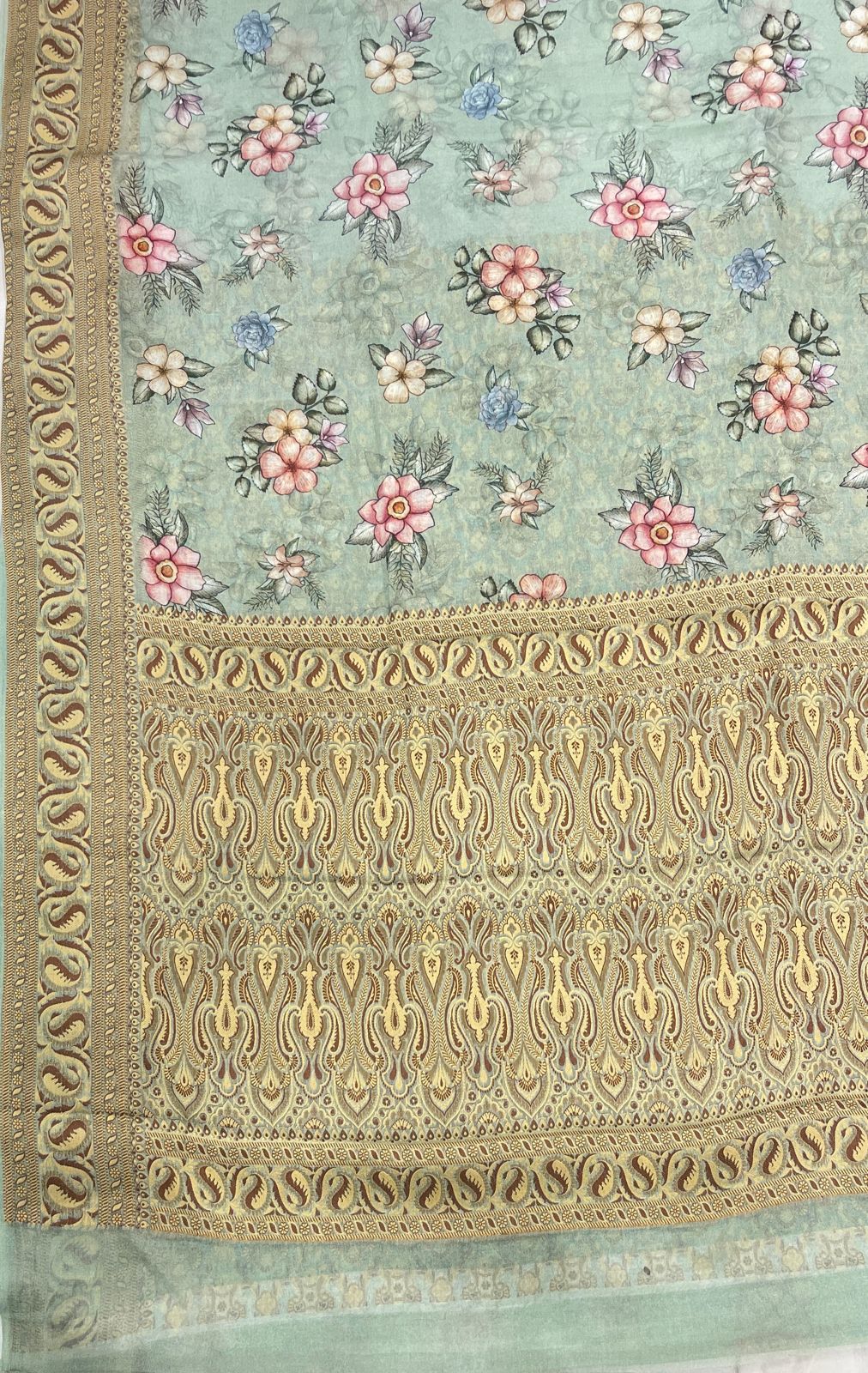 Faishana Pure Handloom Pistachio Chiffon Floral Digital Print Boota with Paisley Copper Zari Border and Pistachio Blouse