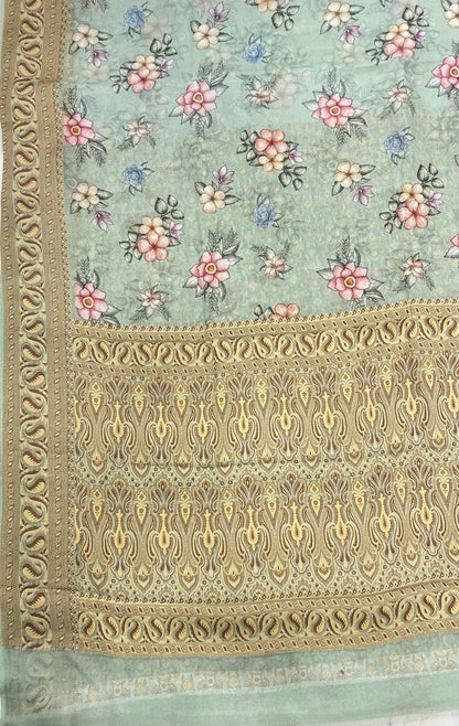 Faishana Pure Handloom Pistachio Chiffon Floral Digital Print Boota with Paisley Copper Zari Border and Pistachio Blouse