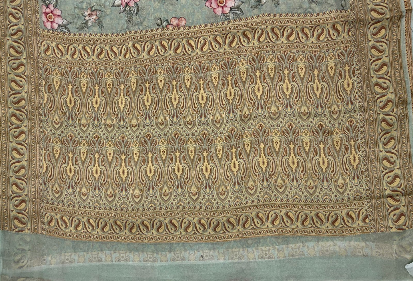 Faishana Pure Handloom Pistachio Chiffon Floral Digital Print Boota with Paisley Copper Zari Border and Pistachio Blouse