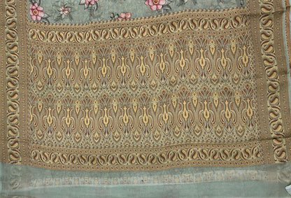 Faishana Pure Handloom Pistachio Chiffon Floral Digital Print Boota with Paisley Copper Zari Border and Pistachio Blouse