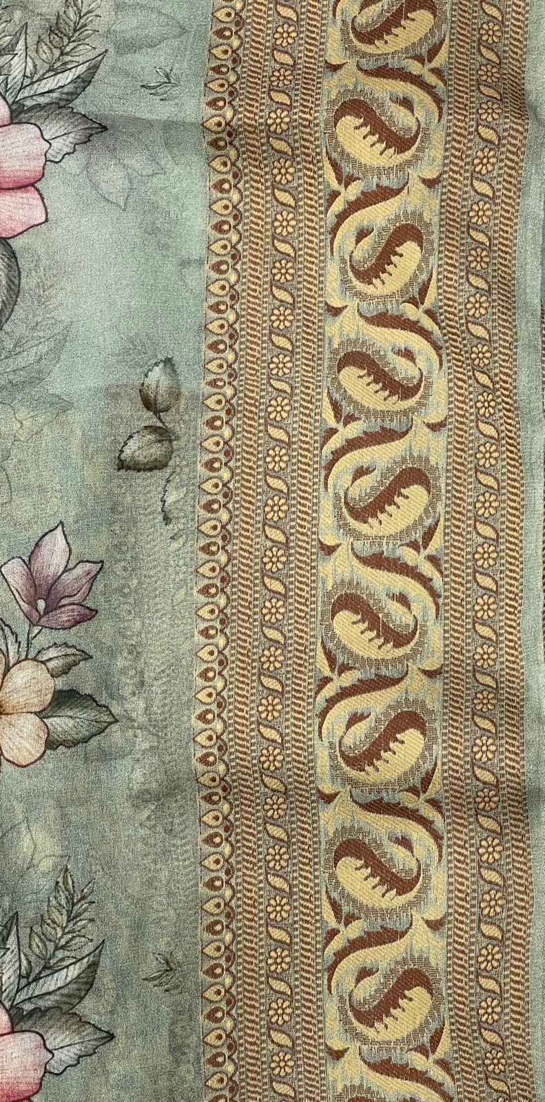 Faishana Pure Handloom Pistachio Chiffon Floral Digital Print Boota with Paisley Copper Zari Border and Pistachio Blouse