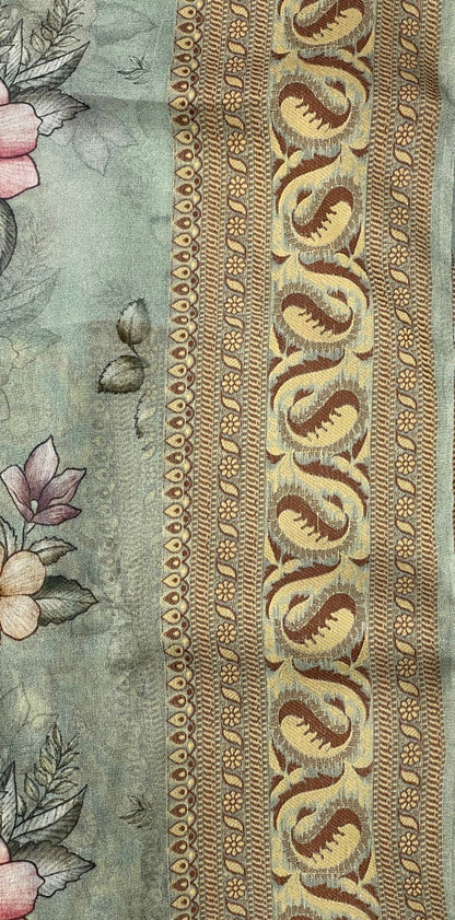 Faishana Pure Handloom Pistachio Chiffon Floral Digital Print Boota with Paisley Copper Zari Border and Pistachio Blouse