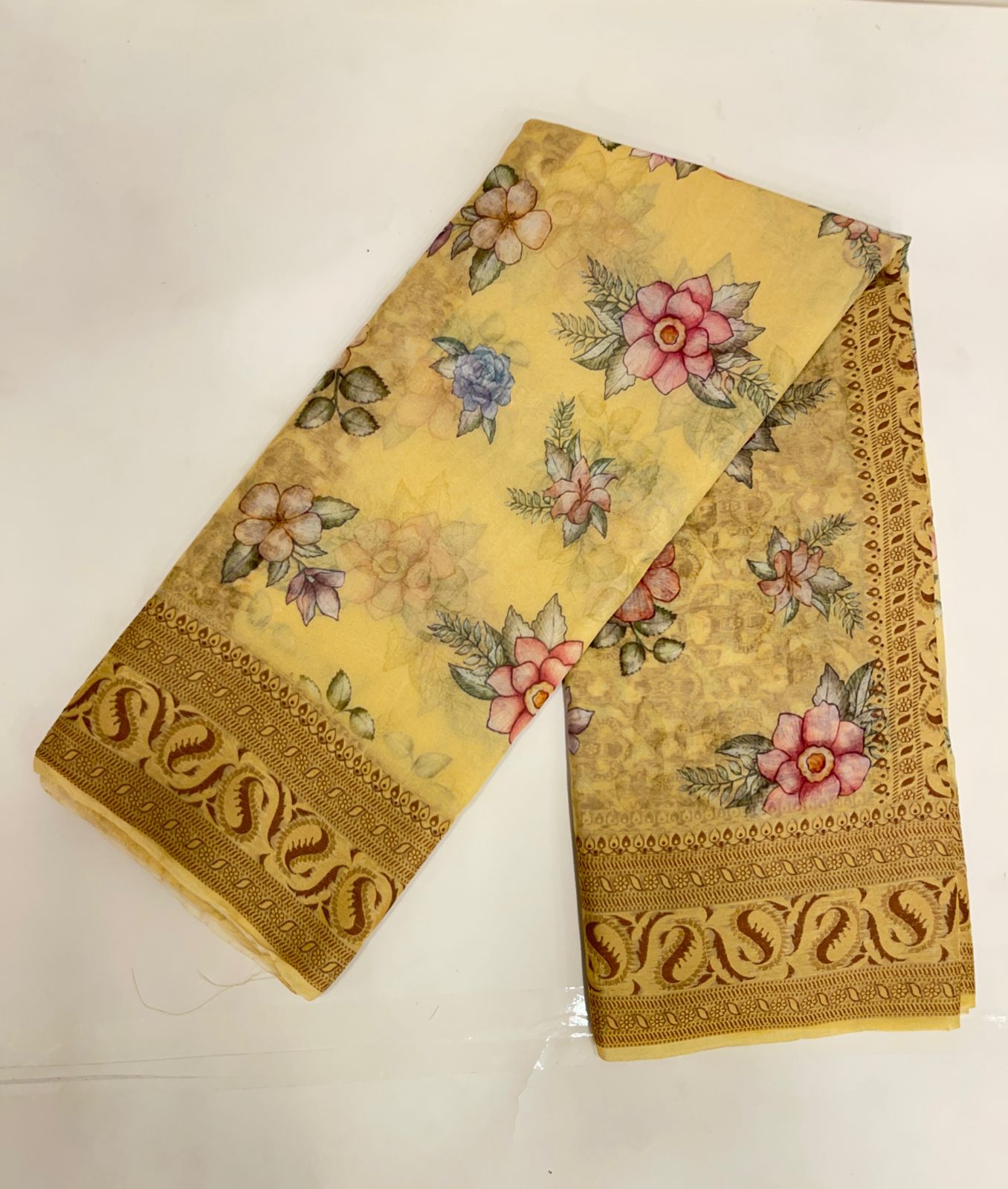 Faishana Pure Handloom Yellow Chiffon Floral Digital Print Boota with Paisley Copper Zari Border and Yellow Blouse