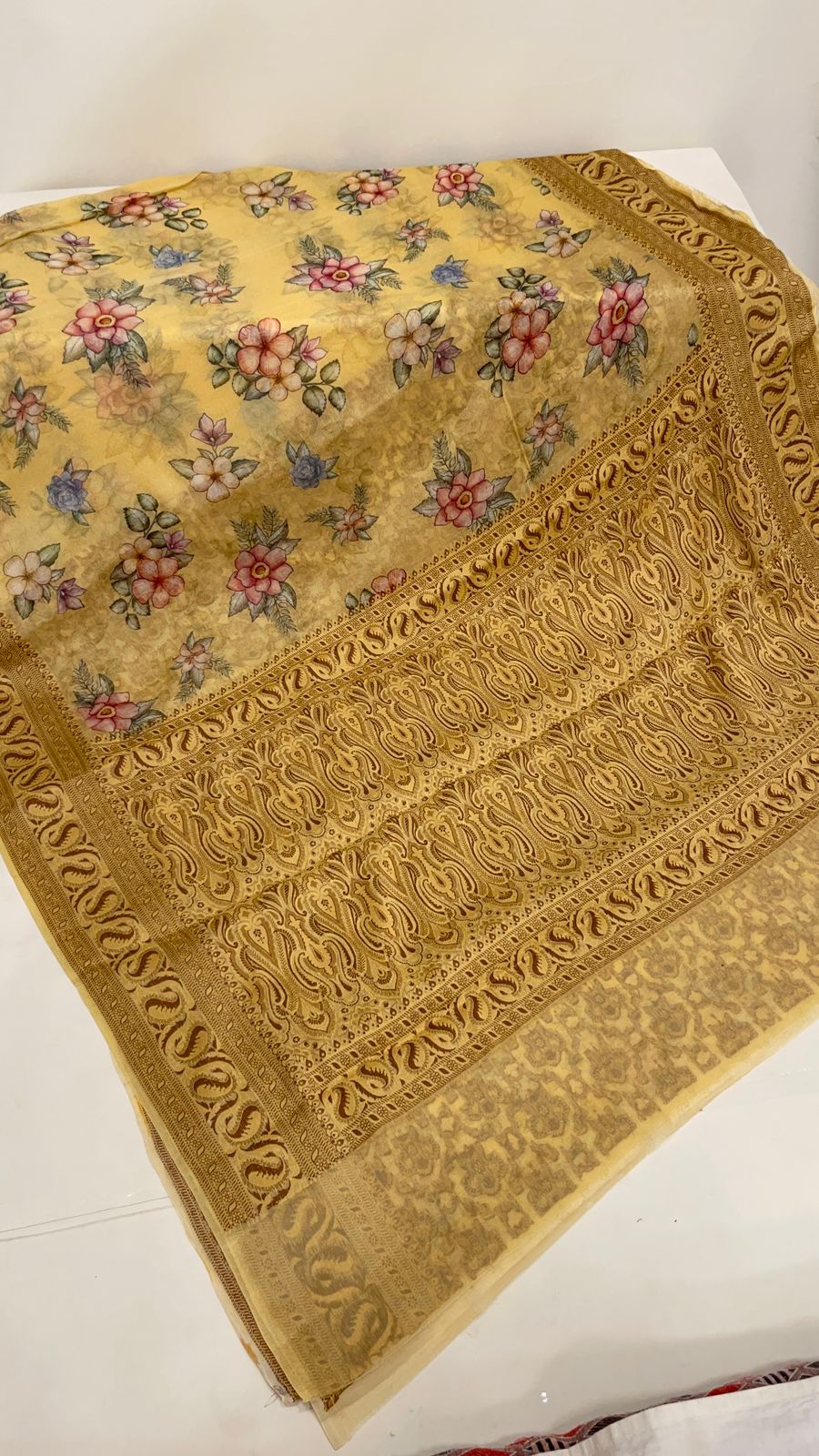 Faishana Pure Handloom Yellow Chiffon Floral Digital Print Boota with Paisley Copper Zari Border and Yellow Blouse