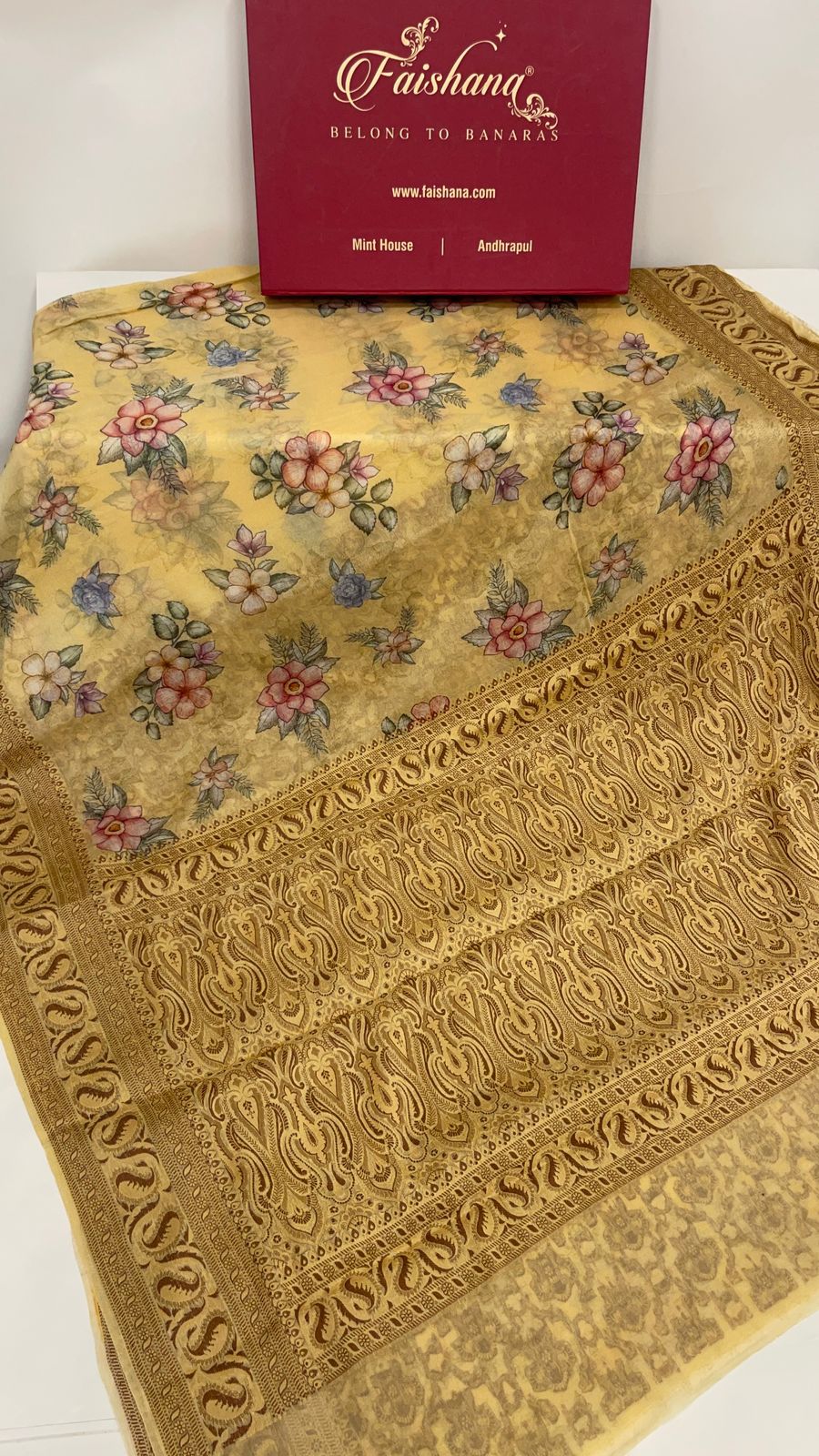 Faishana Pure Handloom Yellow Chiffon Floral Digital Print Boota with Paisley Copper Zari Border and Yellow Blouse