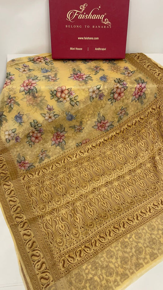 Faishana Pure Handloom Yellow Chiffon Floral Digital Print Boota with Paisley Copper Zari Border and Yellow Blouse
