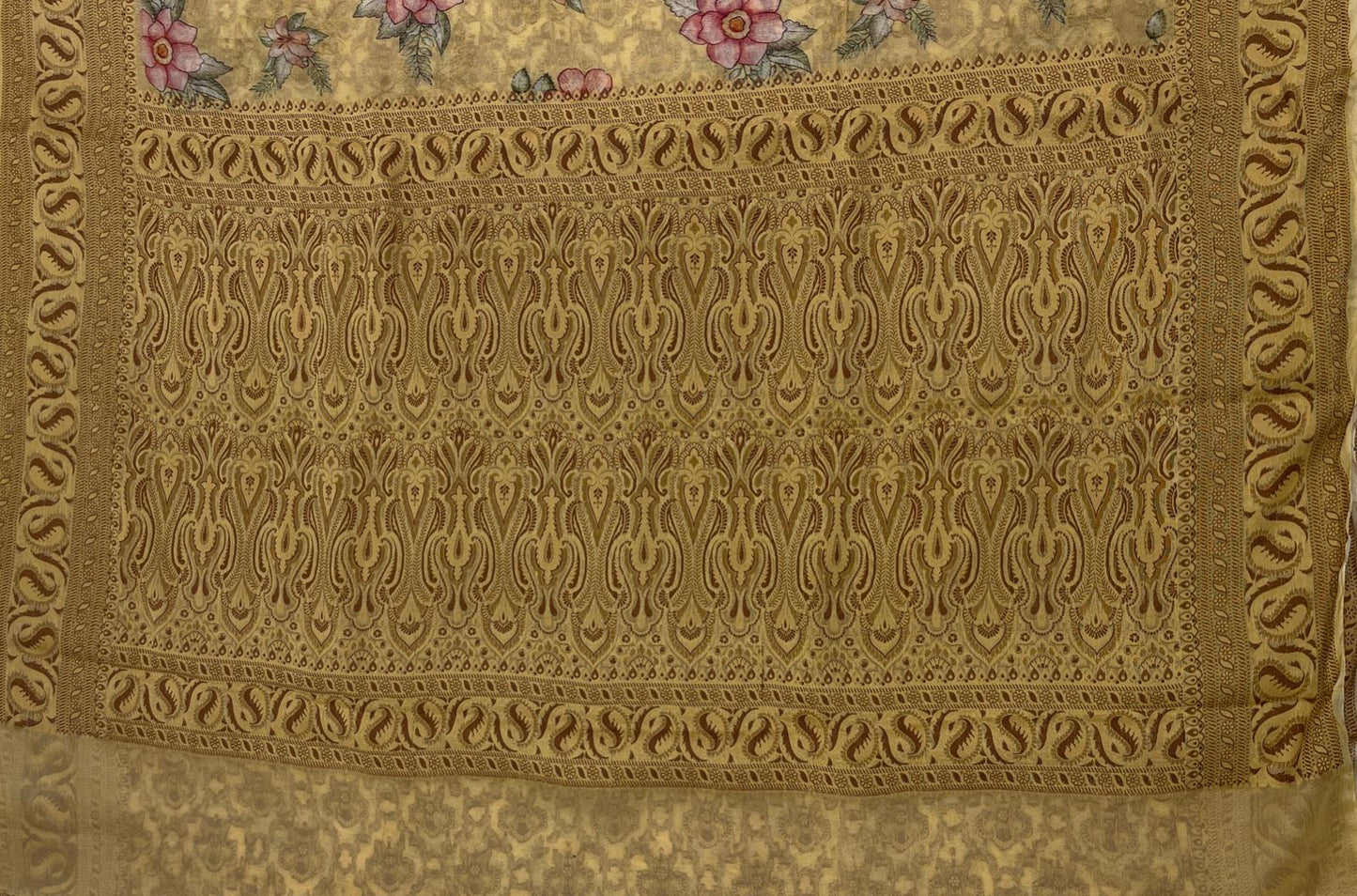 Faishana Pure Handloom Yellow Chiffon Floral Digital Print Boota with Paisley Copper Zari Border and Yellow Blouse