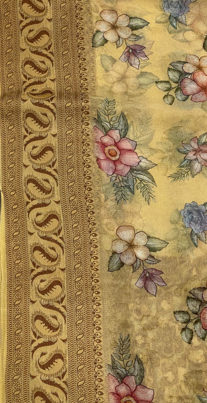 Faishana Pure Handloom Yellow Chiffon Floral Digital Print Boota with Paisley Copper Zari Border and Yellow Blouse