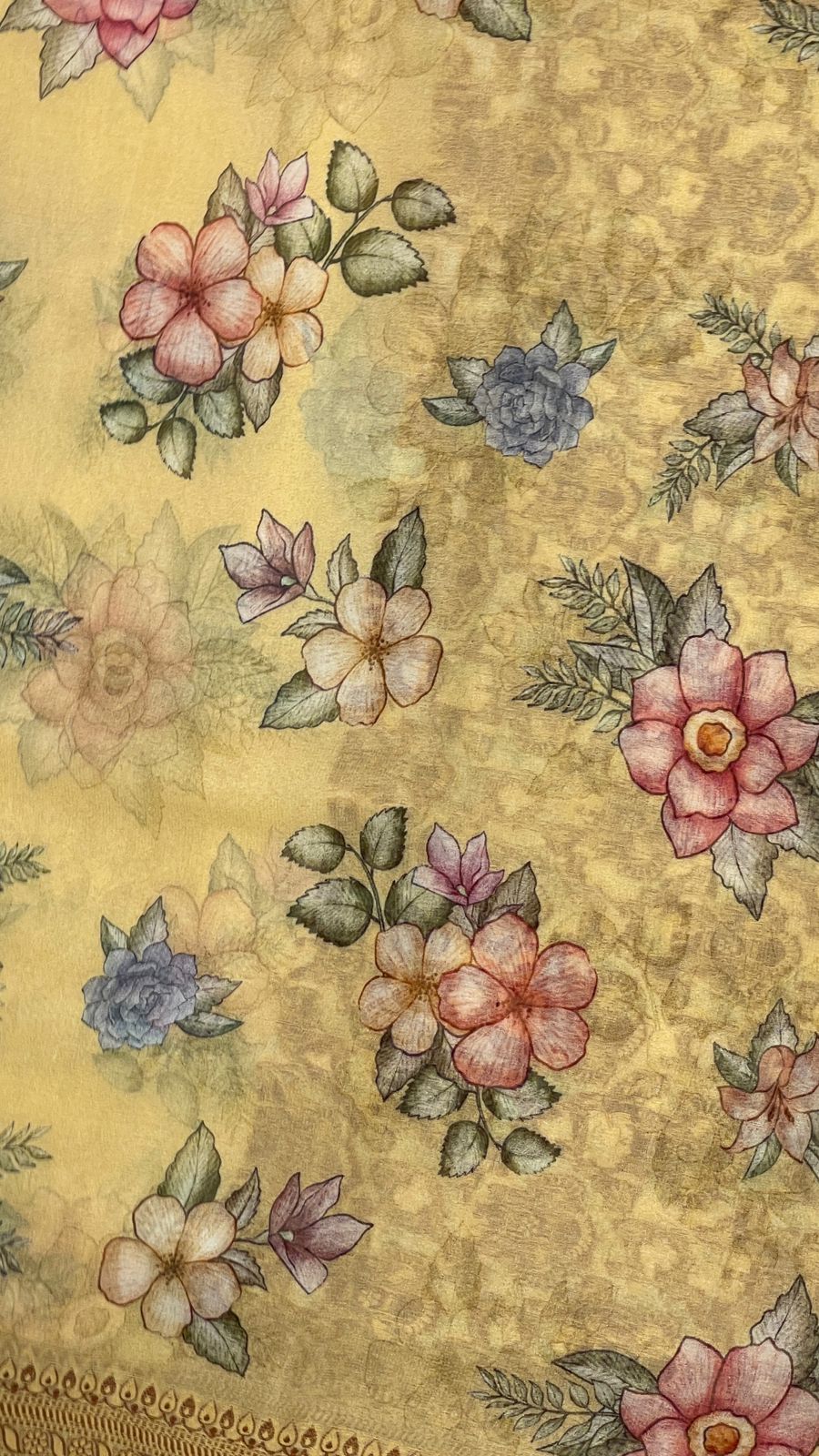Faishana Pure Handloom Yellow Chiffon Floral Digital Print Boota with Paisley Copper Zari Border and Yellow Blouse