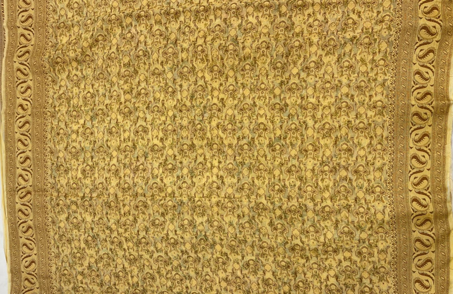 Faishana Pure Handloom Yellow Chiffon Floral Digital Print Boota with Paisley Copper Zari Border and Yellow Blouse