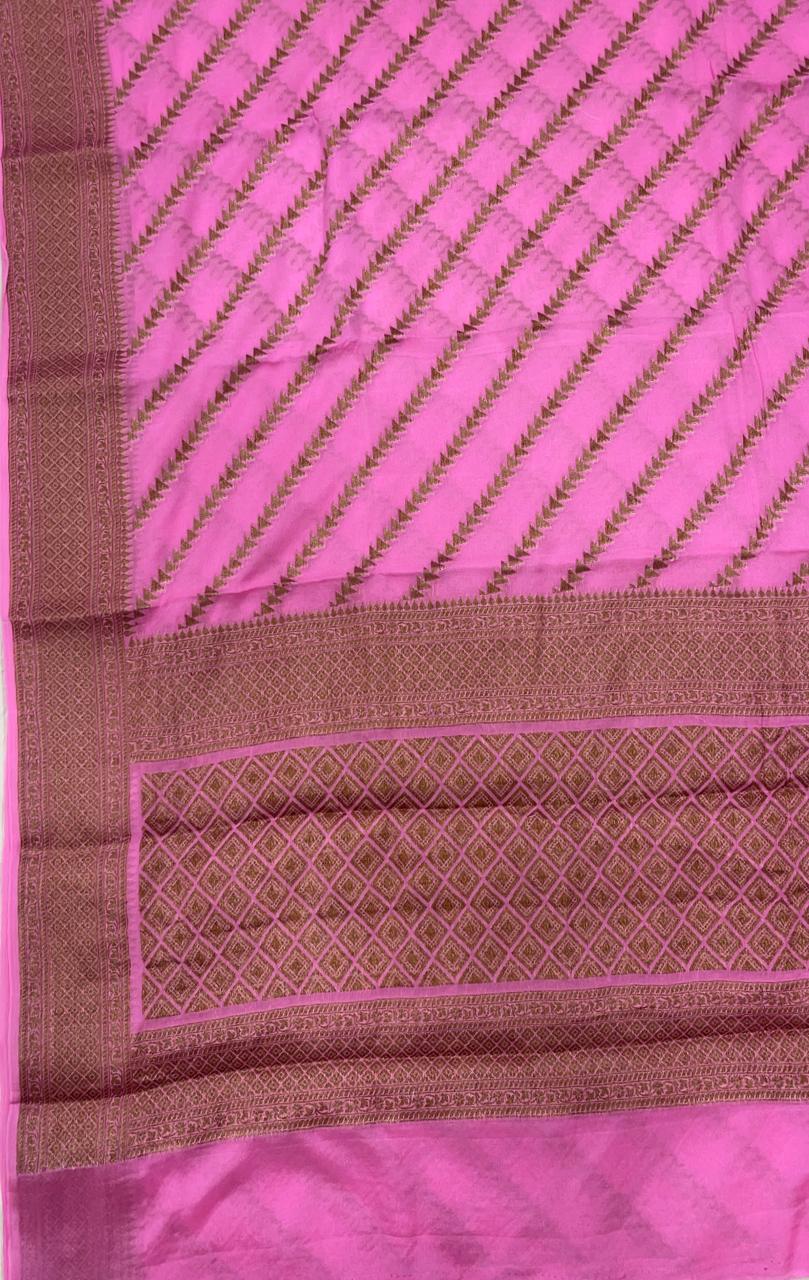 Faishana Pure Handwoven Baby Pink Chiffon Diagonal Stripe Copper Zari with Banarasi Zari Border Pallu and Baby Pink Blouse
