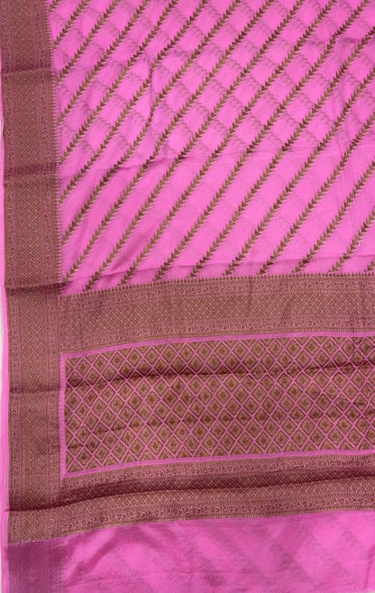 Faishana Pure Handwoven Baby Pink Chiffon Diagonal Stripe Copper Zari with Banarasi Zari Border Pallu and Baby Pink Blouse