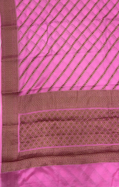 Faishana Pure Handwoven Baby Pink Chiffon Diagonal Stripe Copper Zari with Banarasi Zari Border Pallu and Baby Pink Blouse