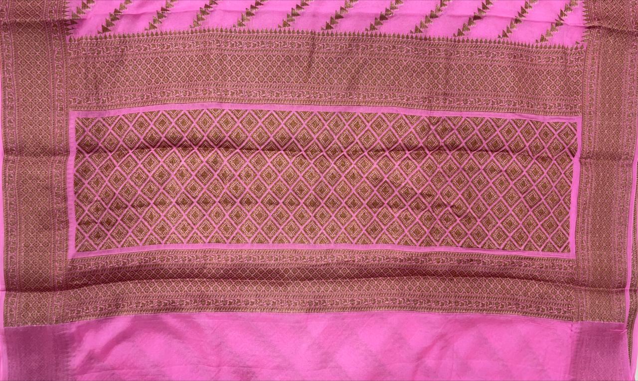 Faishana Pure Handwoven Baby Pink Chiffon Diagonal Stripe Copper Zari with Banarasi Zari Border Pallu and Baby Pink Blouse
