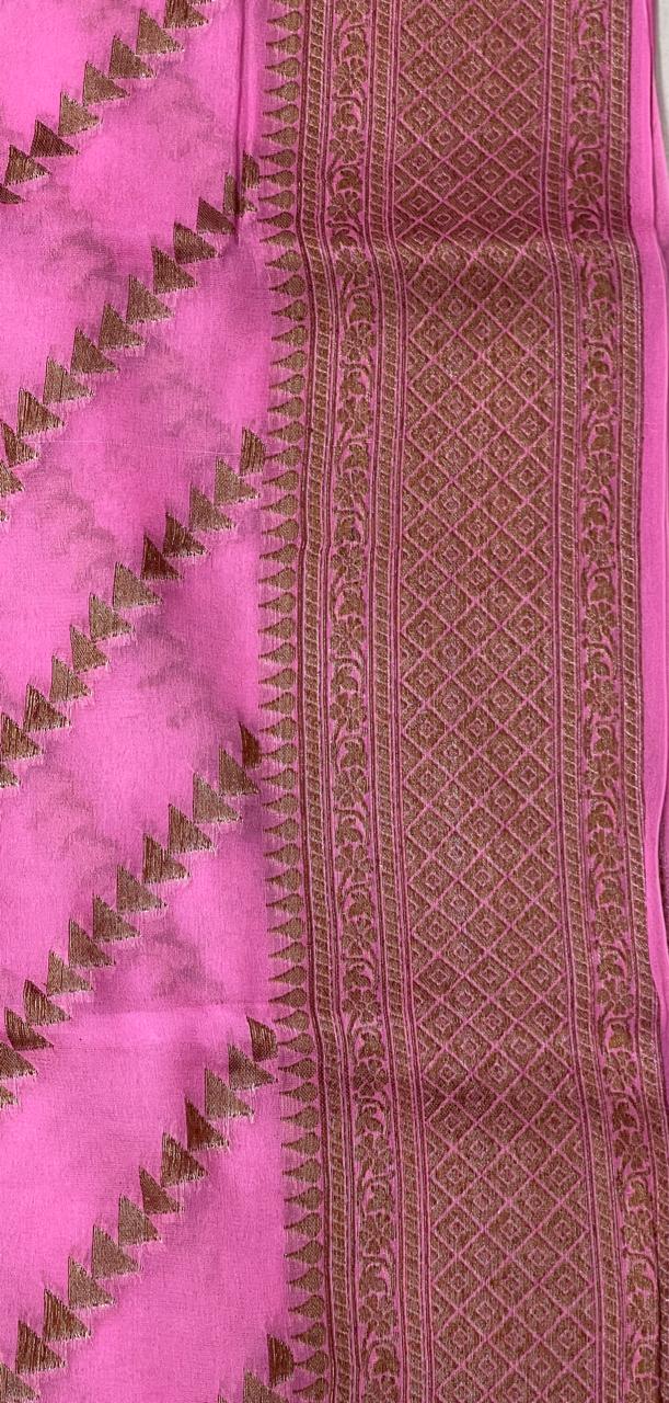 Faishana Pure Handwoven Baby Pink Chiffon Diagonal Stripe Copper Zari with Banarasi Zari Border Pallu and Baby Pink Blouse