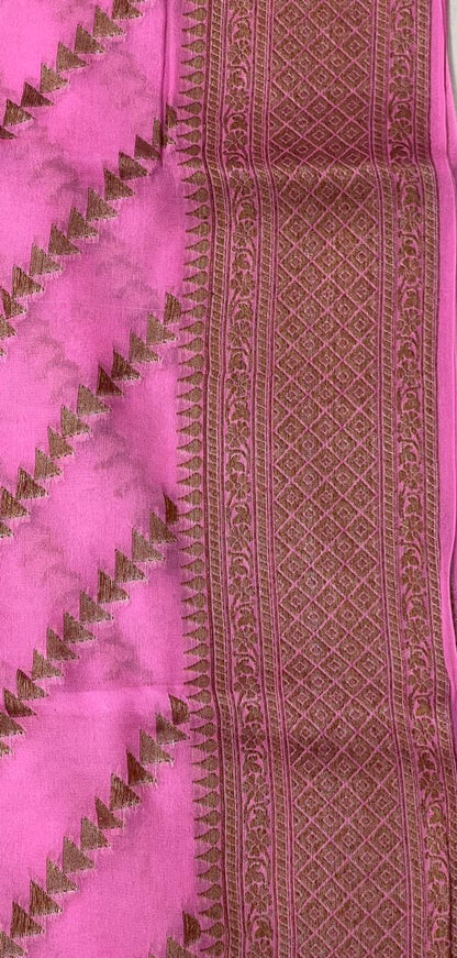 Faishana Pure Handwoven Baby Pink Chiffon Diagonal Stripe Copper Zari with Banarasi Zari Border Pallu and Baby Pink Blouse