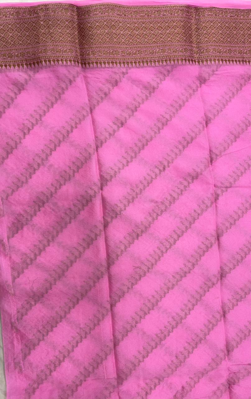 Faishana Pure Handwoven Baby Pink Chiffon Diagonal Stripe Copper Zari with Banarasi Zari Border Pallu and Baby Pink Blouse