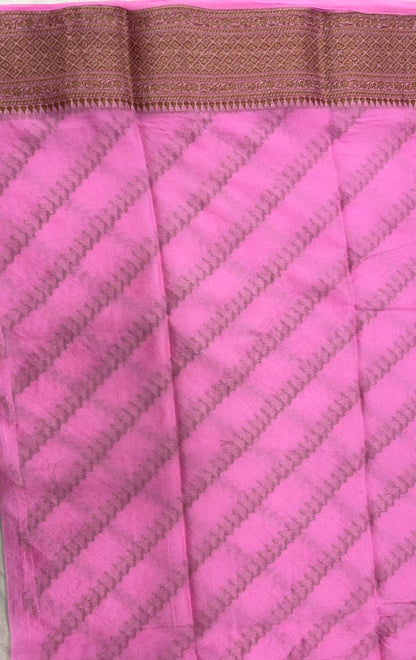 Faishana Pure Handwoven Baby Pink Chiffon Diagonal Stripe Copper Zari with Banarasi Zari Border Pallu and Baby Pink Blouse