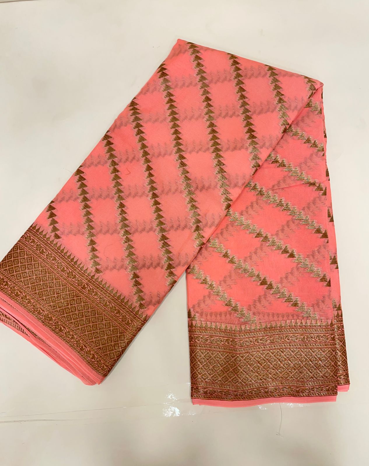 Faishana Pure Handwoven Peach Chiffon Diagonal Stripe Copper Zari with Banarasi Zari Border Pallu and Peach Blouse